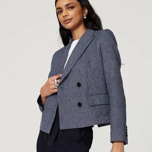 HUGO BOSS Joia Check Double Breasted Linen Blazer In Midnight Fantasy sz 10